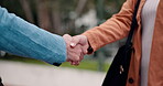 Handshake, welcome and greeting with people in the park for a friendly meeting outdoor during summer. Support, trust and thank you with friends shaking hands outside in a nature garden together