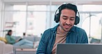 Remote work, talking and a man on a video call with a laptop for a meeting from a house. Smile, contact and a young Asian entrepreneur speaking on a computer with headphones for a discussion