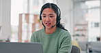 Woman, call center and work from home communication, customer support or e commerce service on computer. Asian person, agent or consultant talking, online advice and virtual information on laptop