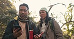 Lost, couple and phone for hiking location, navigation and search while in a forest with anxiety. Smartphone, maps and travel stress for people in jungle with tracking, signal or connectivity crisis