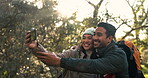 Video call, happy and hiking with couple in nature for communication, social media and live streaming. Adventure, trekking and travel with portrait of man and woman in forest for network and contact