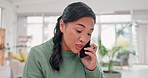 Phone call, tablet and problem with an asian woman upset in her home during remote work as a freelance employee. Mobile, contact and notebook with an entrepreneur arguing about an online order