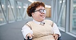 Wheelchair, travel and face of happy business woman with a disability at the airport for flight, travel or trip. Inclusive, traveling and portrait of female traveler smile for easy access or mobility