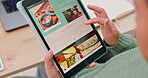 Tablet, hands and screen, food and scroll blog with reading, article and designer check website layout with web design. Digital marketing, social media and person on cooking app, online and UI