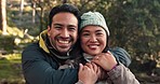 Hiking, couple face and outdoor in woods with freedom on a backpack travel journey in nature park. Trekking, fitness and wellness with happy Asian people on a adventure in forest with a smile