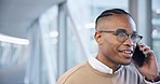 Phone call, office and business man networking in a conversation with a smile. Company employee, African male person and discussion in a workplace lobby speaking with mobile communication for work 