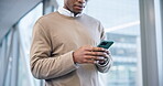 Phone, walking and hands typing in airport, hotel lobby or business office. Man scroll, smartphone and person travel on social media, mobile networking and reading email on internet app to commute