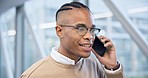 Phone call, office and happy business man networking in a conversation with smile. Company employee, African male person and discussion in workplace lobby speaking with mobile communication for work 