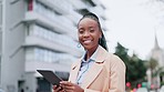 Business, face and black woman on tablet in city for planning information, reading news app and research. Portrait, worker and scroll on digital technology, internet network and laugh in urban street