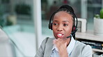 Face, financial advisor or black woman in a telemarketing call center consulting or communication for loan advice. Finance,  computer or virtual assistant talking or speaking online on mic in office