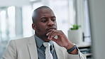 Business, black man and thinking at computer in office for problem solving, solution and brainstorming research online. Face of corporate worker at desktop for ideas, decision and insight for choice