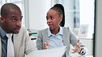 Computer, teamwork or manager training black man with documents for a collaboration in office. Paperwork, online or African businesswoman coaching, teaching or helping employee for digital research 
