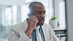 Crm, financial advisor or black man in a telemarketing call center consulting or communication for loan advice. Finance,  contact us or virtual assistant talking or speaking online on mic in office 