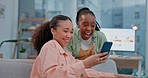 Phone, applause or good news with a woman friends in the living room for communication or social media browsing. Mobile, contact and excitement with young people reading an announcement in their home