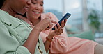 Hands, phone and couple of friends on home sofa for online shopping, website and internet. Scroll, gay women and talking on a couch with a smartphone for communication, search or social media gossip