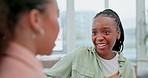 Conversation, happy and girl friends on a sofa relaxing together in the living room of apartment. Smile, gen z and young women talking, bonding and having fun with gossip in the lounge of their home.