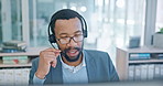 Computer, call center and support with a black man consultant working in customer service for assistance. Contact, crm and headset communication with an employee consulting in an office for sales