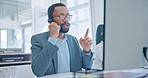 Computer, customer support and a black man consultant working in a call center for service or assistance. Contact, crm and headset communication with an employee consulting in a retail sales office