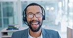 Black man, face and call center consulting with headphones in customer service or telemarketing at office. Portrait of happy African male person, consultant or agent talking in online advice or help