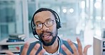 Black man, face and call center consulting in customer service or telemarketing with headphones at office. Portrait of happy African male person, consultant or agent talking in online advice or help