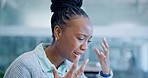 Sad, talking and frustrated black woman at work with stress from the workplace or speaking. Mental health, burnout and African employee with communication about anger, fear or mistake in the office