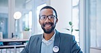 Voter man, election pin and face with smile, computer or office for big data, study or happy for decision. African businessman, government and voting campaign in portrait, pride or political analysis