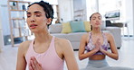 Prayer, yoga or women breathing in meditation or fitness exercise in zen house studio to relax together. Balance, people or healthy friends in training in calm pose for mindfulness or peace at home 