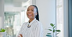 Black woman, arms crossed and portrait for business in an office with a positive attitude and smile. Face of African person or entrepreneur from Kenya with confidence and pride for career or company