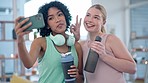 Fitness, friends and selfie in living room with peace, tongue out and fun yoga training at home. Phone, profile picture and women health influencer smile for pilates blog, social media or podcast