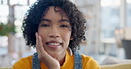 Face, smile and relax with a woman in the living room of her home looking happy on the weekend. Portrait, mindset or freedom with a young person in her apartment to enjoy peace and quiet alone