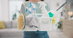 Basket, tools and a person holding cleaning equipment and products or supplies for hygiene. Service, housekeeping and woman cleaner with domestic container and sanitizing for clean apartment or home