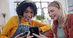 Friends, phone and talking on a home sofa with internet connection, social media and online chat. Women laughing together on a couch with a smartphone for communication, surprise or wow gossip