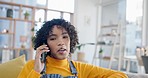 Home, phone call and woman on a sofa, conversation and connection with network, funny and technology. Person, girl and cellphone for discussion, chatting and relax with communication in a living room