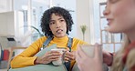 Girl friends, coffee and chat on home, breakfast and listening to story, joke and relax with gossip on living room sofa. Women students, drink and together for tea, matcha and talking on lounge couch