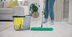 Cleaning, mop and floor with person and equipment in living room for sanitary, housekeeping and bacteria. Safety, health and dust with closeup of cleaner at home for protection, product and germs