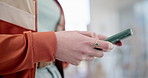 Woman, phone and hands typing in home, reading social media notification or app. Closeup of person scroll on smartphone for digital chat, download mobile games or search network to contact connection