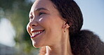 Face, outdoor and happy woman in a park for wellness or freedom feeling confident in nature with joy in summer. Environment, relax and calm young person with smile and enjoy sunshine on holiday