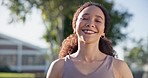 Smile, stretching and face of woman in park for fitness, cardio and sports performance. Workout, health and wellness with portrait of runner in nature for marathon training, challenge and exercise