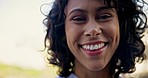 Woman, smile and face closeup in city with freedom, journey and vacation in new york. Portrait, urban and happy young female person from Sri Lanka on an adventure and holiday abroad with travel