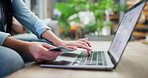 Person, laptop and hands with credit card in ecommerce, payment or banking on desk at home. Closeup of shopper with debit or typing bank details on technology or website in online shopping on table