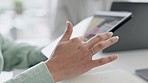 Research, hands of woman on tablet and scroll for information on website at office desk with online news. Tech, internet and person reading article on screen, website or digital app for social media.