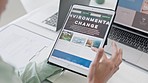 Climate change research, hands on tablet screen to scroll for information on website at office desk with laptop. Tech, internet and woman on search for sustainable environment tips on digital app.