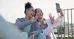 Fitness, selfie and girl friends in nature for an outdoor workout for health and wellness. Happy, sports and young women taking a picture with peace sign and smile after training or exercise together