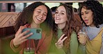 Girl friends, selfie and group in coffee shop for peace sign, care or kiss with smile, love or post for web blog. Women students, photography and profile picture in cafe for reunion with happy memory