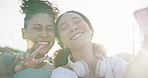 Fitness, friends and women with peace selfie outdoor for training, bond and sports workout. V, profile picture and female health influencer smile for social media, blog or podcast post after exercise