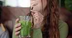 Smoothie, drink and hands of woman in restaurant with healthy, green tea or cocktail of juice with fruits and vegetables. Drinking, matcha or girl in vegan coffee shop with liquid fruit or nutrition