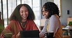 Tablet, laugh and girl friends in a coffee shop watching a funny, comic or comedy video online. Happy, smile and young women networking on social media with digital technology in a cafe or restaurant