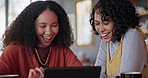 Tablet, networking and girl friends in a cafe laughing, bonding and browsing on social media together. Happy, smile and young women scrolling on the internet with digital technology in a coffee shop.