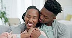 Home, hug and black couple with love, happy and bonding with relationship, marriage and affection in a living room. Romance, man or woman embrace, support and smile with romantic and loving together
