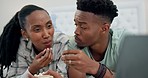 Bedroom, smile and black couple watching movies, popcorn and conversation with bonding, funny and laughing. Bed, man and woman with snacks, films and home with relationship, discussion and marriage